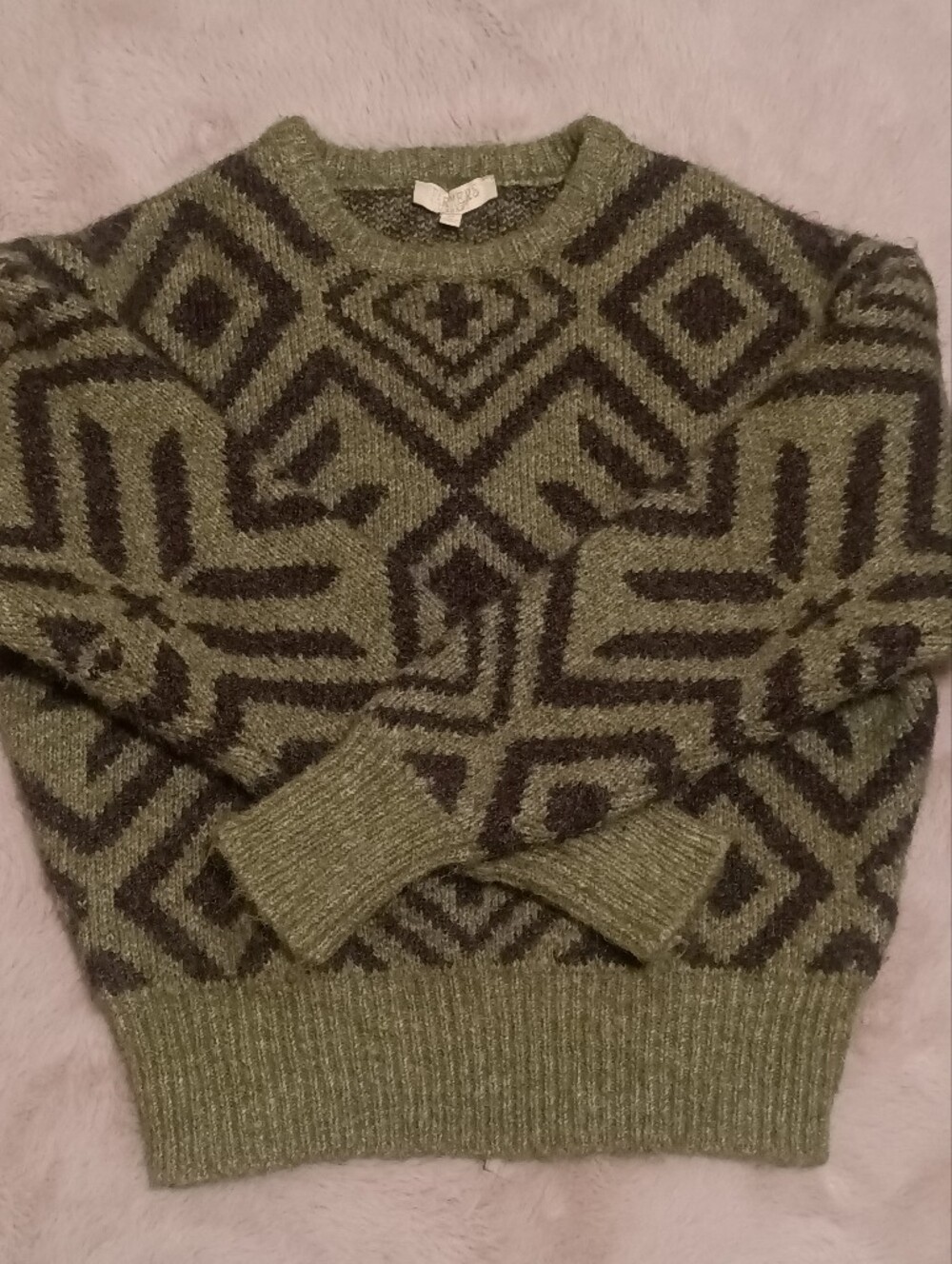 Farmers Market Olive Green Geometric Aztec Print Crewneck Sweater Size M